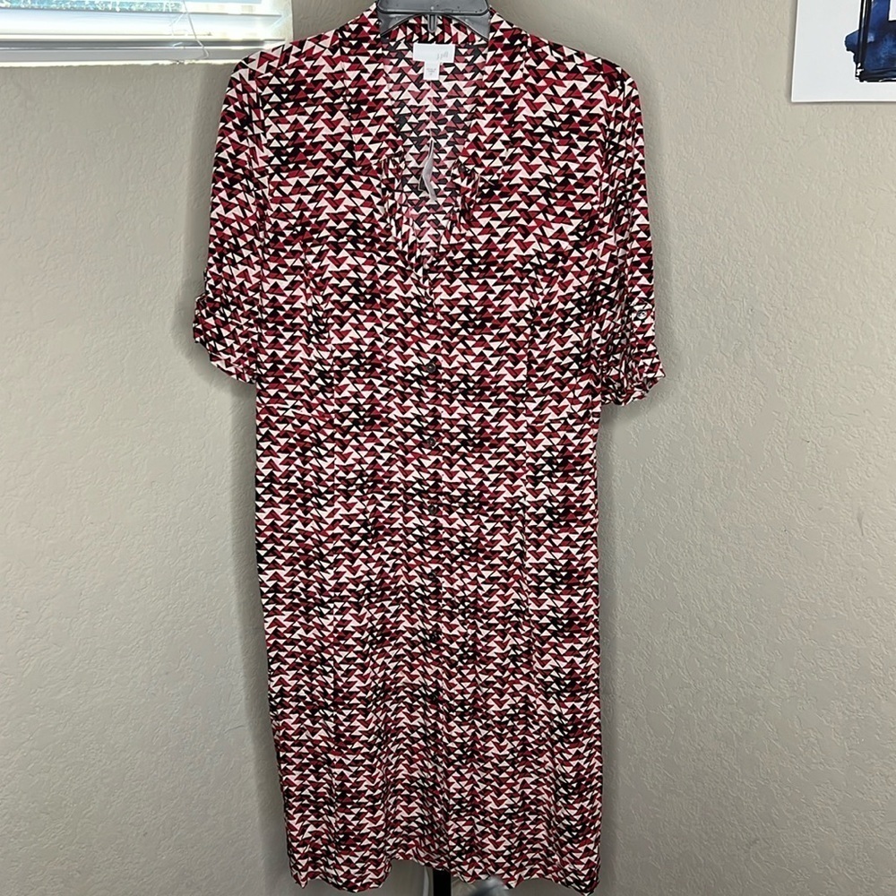 051 - J. Jill NWT Red, Black & White Short Sleeve Button Down Midi Dress Size 12